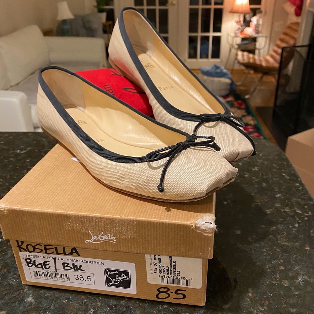 LOUBOUTIN—Beige/Black Ballet Flats, Sz 8.5 (EU 38.5), Great Deal!